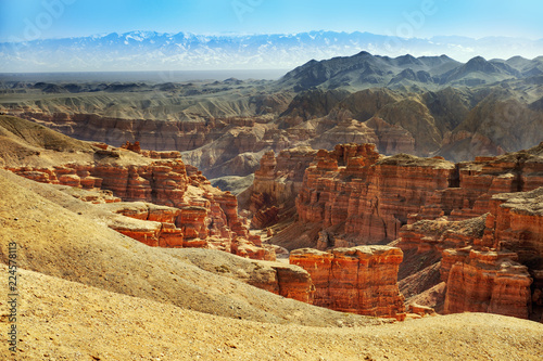 Charyn Canyon, a landmark of Kazakhstan. View of hills and mountains. Natural landscape.