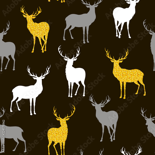 Seamless Christmas pattern with silhouettes of deer
