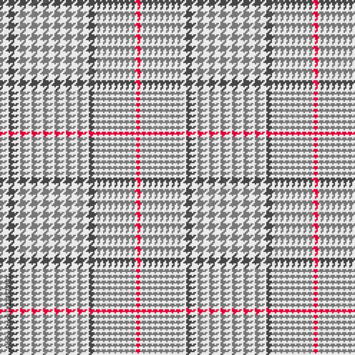 
Glen Plaid Seamless Vector Pattern in Black and Gray with Red Overcheck Stripe. Prince of Wales Check. Trendy Classic High Fashion Print. 8x8 Check Houndstooth. Pixel Perfect Tile Swatch Included