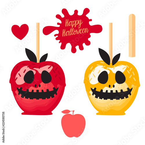 Apple with red and yellow caramel Sweet candy on sticks. Happy Halloween dessert. Vector illustration on white background.