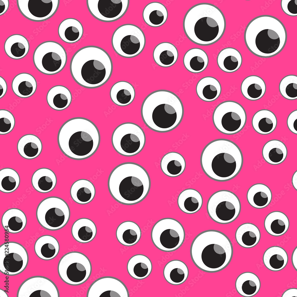 Vector illustration Many eyes seamless pattern. Happy Halloween design for children on a pink background.