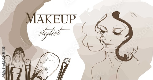 Vector hand drawn illustration with woman and makeup brushes. Concept for beauty salon, cosmetics label, cosmetology procedures, visage and makeup.