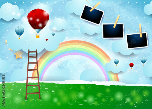 Surreal paper landscape with ladder, balloons and photo frames