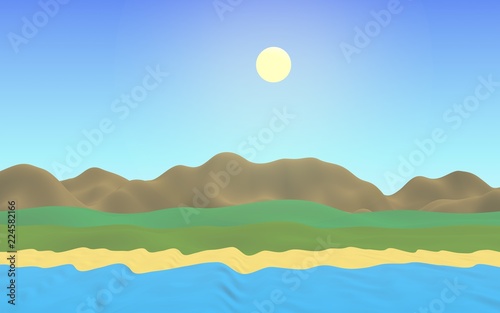 Sun Sea Beach. Noon. Ocean shore line with waves on a beach. Island beach paradise with waves. Vacation  summer  relaxation. Seascape  seashore. Minimalist landscape  primitivism. 3D illustration