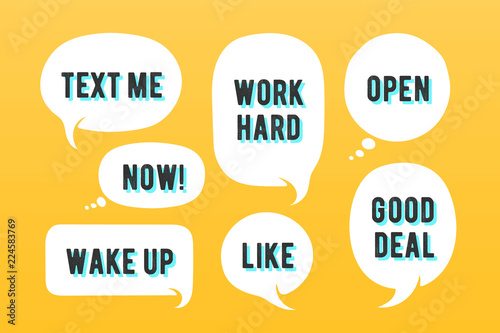 Speech bubbles. Set of message, cloud talk and speech bubble. White speech bubble, cloud talk isolated silhouette with text. Elements for message, social network, web. Vector Illustration