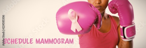 Composite image of schedule mammogram text with breast cancer photo