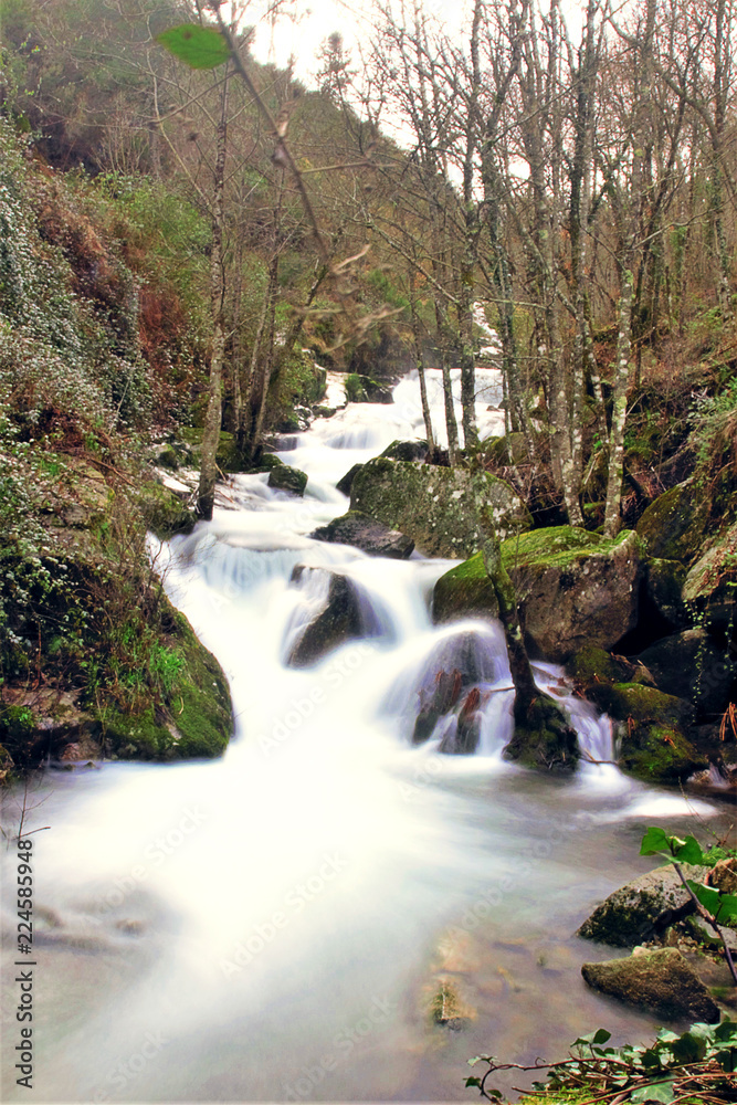 Obraz premium Long exposure of mountain river between rocks and trees