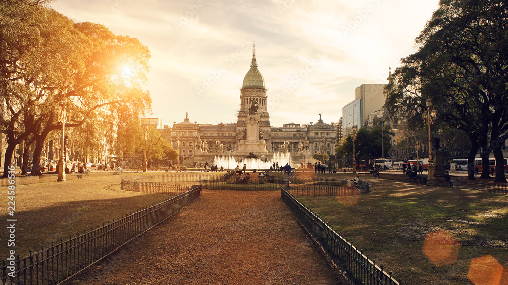 Buenos Aires, National Congress building on a sunset - obrazy, fototapety, plakaty 