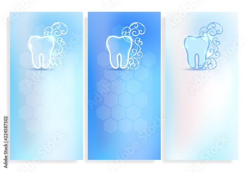 Set of beautiful dental blank templates, tooth symbol with white abstract swirly flower on a delicate clean blue background