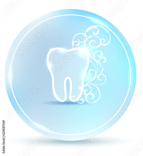 Beautiful dental symbol, round tooth icon with white abstract swirly flower on a delicate clean blue background
