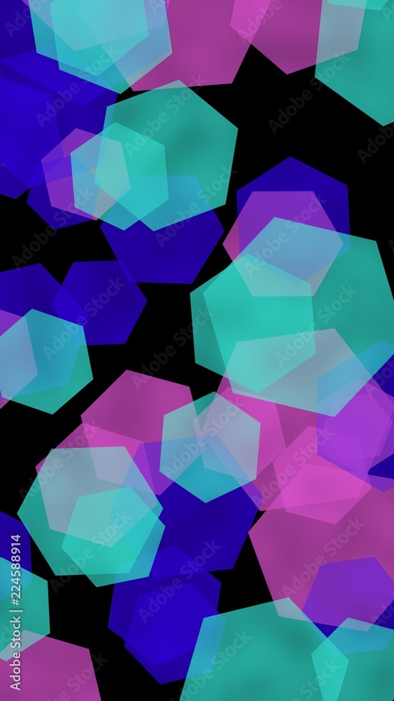 Multicolored translucent hexagons on dark background. Vertical image orientation. 3D illustration Multicolored translucent hexagons on dark background. Vertical image orientation. 3D illustration