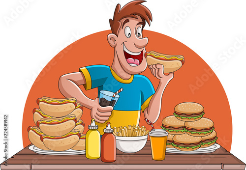 Cartoon man people eating junk food.
