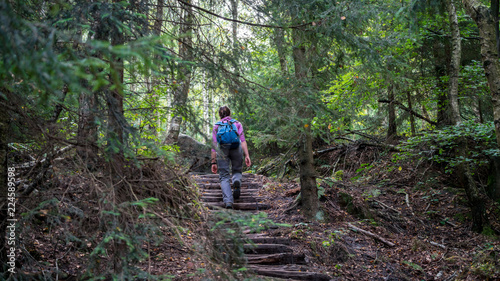 Hübsche Frau beim Wandern in einem Wald photo