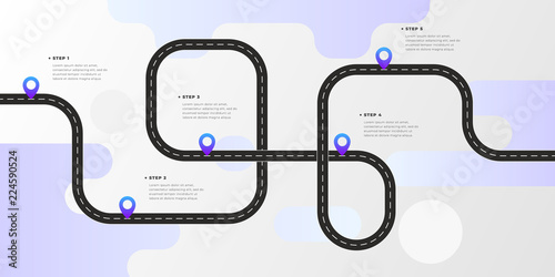 Infographic template winding asphalt road with pin-pointers. Vector EPS 10