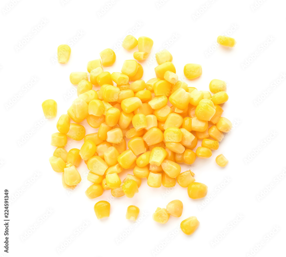 Tasty ripe corn kernels on white background, top view - obrazy, fototapety, plakaty 