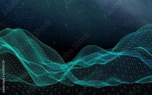 Abstract landscape on a dark background. Cyberspace grid. Hi-tech network. Outer space. Starry outer space texture. 3D illustration © Plastic man