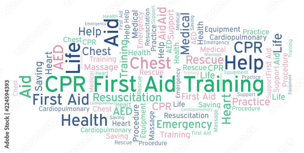 CPR First Aid Training word cloud, made with text only.