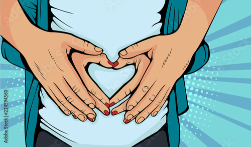Man holding belly of his pregnant wife making heart. Pregnant woman and loving husband hugging tummy. Vector illustration in pop art retro comic style