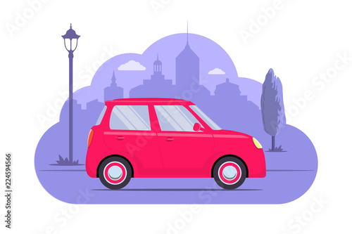 Cute car on city silhouette background. Pink car on purple monochrome background. Car concept illustration for app or website. Modern transport. Flat style vector illustration.