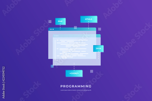 Concept of programming and software. Open web pages with coding and programming languages on blue background. Vector flat illustration for web page, banner, presentation.