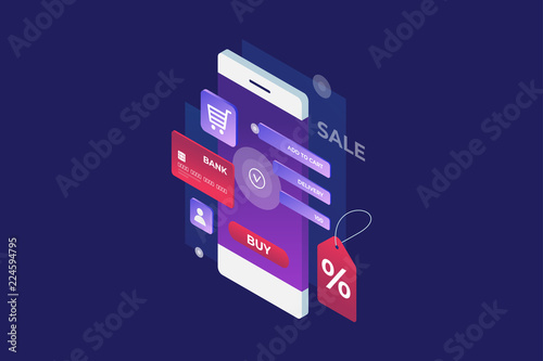Concept of Internet payment, mobile purchase. Online shopping. Isometric image of phone, Bank card and discount label on blue background. 3d flat design. Vector illustration.