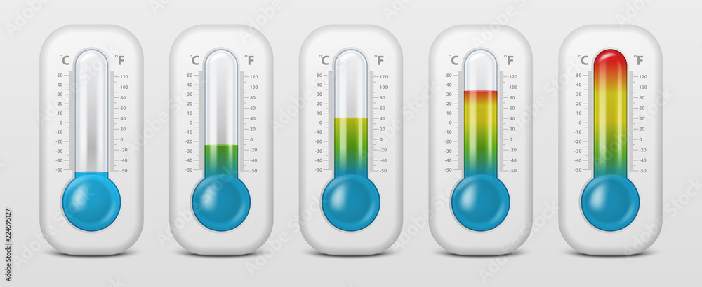 Vector realistic 3d celsius and fahrenheit meteorology, weather thermometer icon set closeup isolated on white background. Clip art, design template for graphics. Thermometers with different levels Vector realistic 3d celsius and fahrenheit meteorology, weather thermometer icon set closeup isolated on white background. Clip art, design template for graphics. Thermometers with different levels