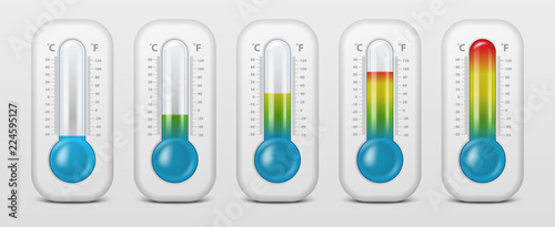 Vector realistic 3d celsius and fahrenheit meteorology, weather thermometer icon set closeup isolated on white background. Clip art, design template for graphics. Thermometers with different levels