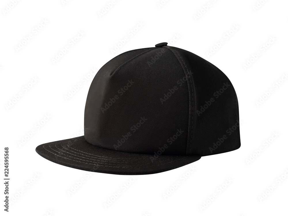 Side view of black snapback cap isolated on white background. Blank  baseball cap or trucker hat Stock Photo | Adobe Stock