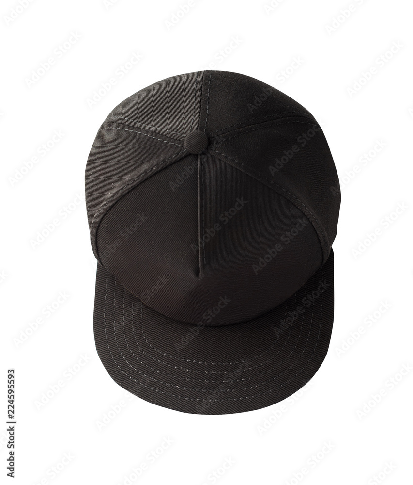 Top view of black snapback cap isolated on white background. Blank baseball  cap or trucker hat Stock Photo | Adobe Stock