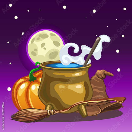 Poster in style of holiday all evil Halloween. Attributes of witchcraft and witch at midnight by the light of the moon. Copper pot with boiling water, hat, broom. Vector cartoon close-up illustration.