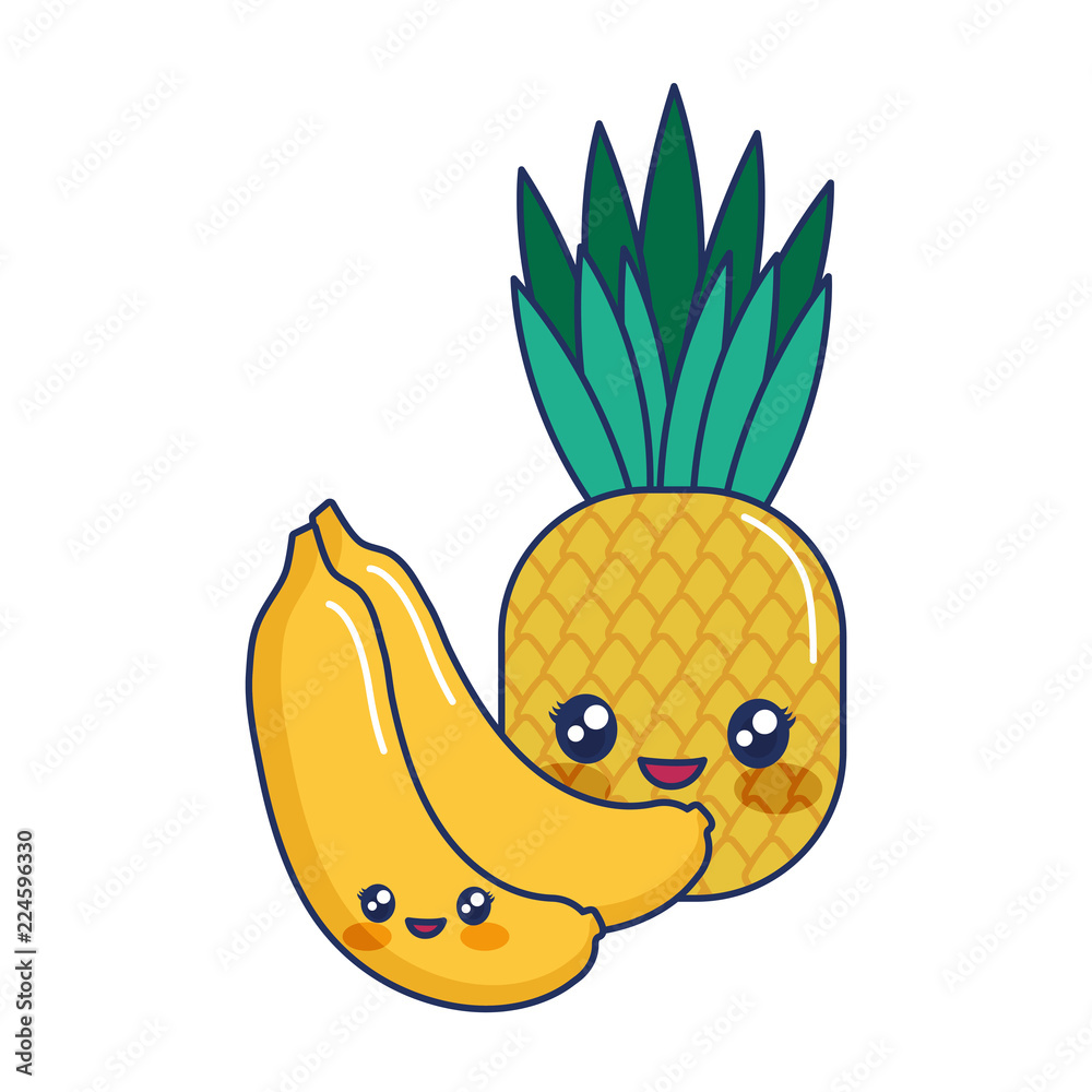 kawaii cartoon pineapple and bananas tropical vector de Stock | Adobe Stock