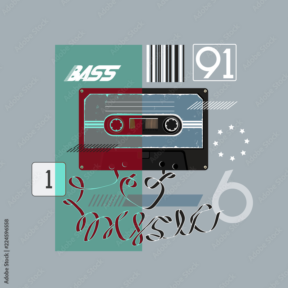 Slogan with a music cassette. Slogan-I love music. Image for printing on t-shirt, clothes, postcard, background, banner and other...