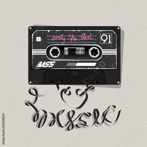 Slogan with a music cassette. Slogan-I love music. Image for printing on t-shirt, clothes, postcard, background, banner and other...