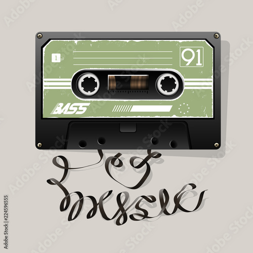 Slogan with a music cassette. Slogan-I love music. Image for printing on t-shirt, clothes, postcard, background, banner and other...