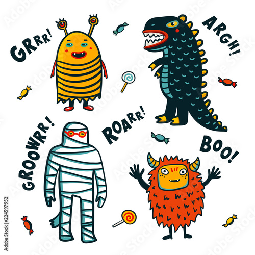 Halloween monsters costumes on white background. Cartoon Vector illustration.