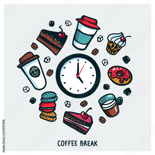 Coffee break concept. Time for a coffee break. Colorful doodle style cartoon set of objects and symbols on coffee time theme. Coffee cups and sweets on light background. Vecror illustration
