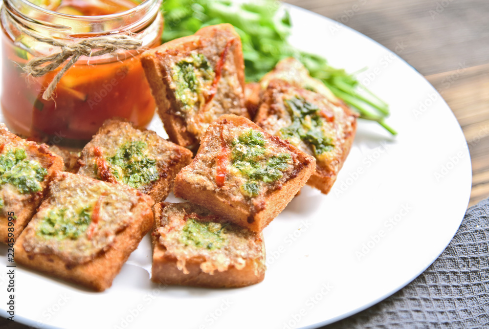 Fried toasts with Minced Pork Spread with chili sauce (Thai Pork Toast) . Toasts Menu for children. Fried toasts with Minced Pork Spread with chili sauce (Thai Pork Toast) . Toasts Menu for children.