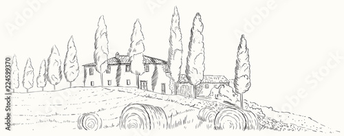 Mediterranean landscape. Autumn Tuscan landscape with a manor, fields and cypresses.