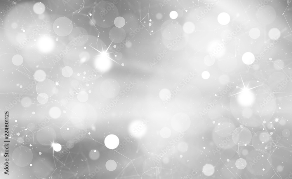 Silver bokeh with sparkles and artistic lines. Blurry Christmas and New Year greeting card illustration background.