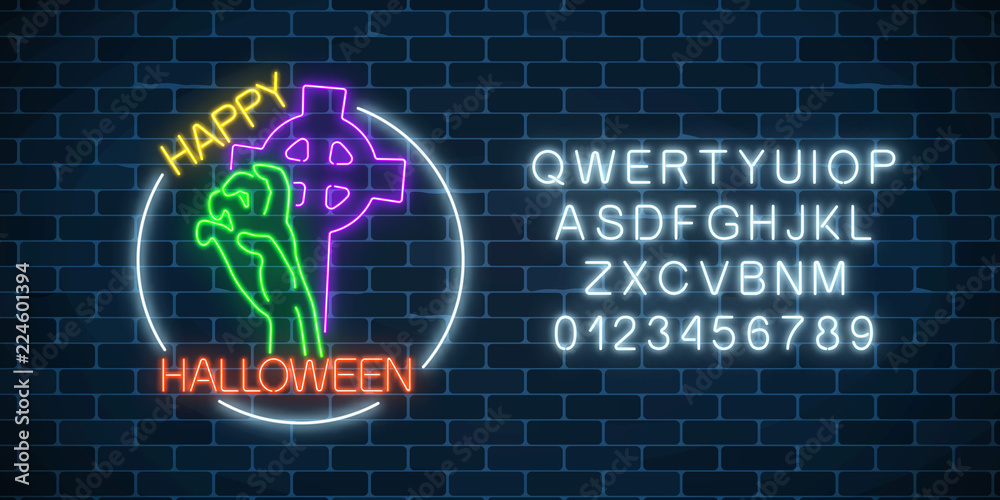 Glowing neon sign of halloween banner with bony hand from grave and alphabet. Bright halloween night scary sign Glowing neon sign of halloween banner with bony hand from grave and alphabet. Bright halloween night scary sign