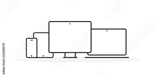 Device Icons: smartphone, tablet, laptop and desktop computer. Vector illustration, flat design