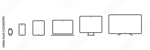 Device Icons: smartwatch, smartphone, tablet, laptop, desktop computer and tv. Vector illustration, flat design photo