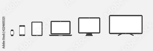 Device Icons: smartwatch, smartphone, tablet, laptop, desktop computer and tv. Vector illustration, flat design