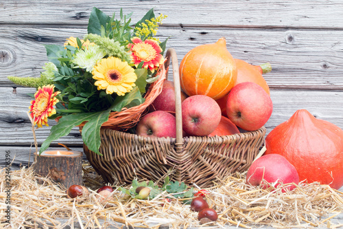 Herbstliche Dekoration mit Herbstblumen Kürbisse Äpfel vor Holz rustikal auf Stroh