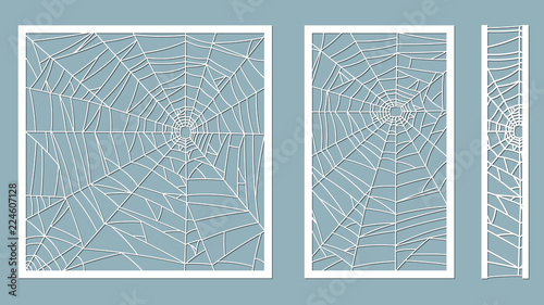 A vector illustration of paper cut silhouette spider web on a gray background. Laser cutting template. Halloween vintage ornate swirl pattern. For plotter and silk screen printing. serigraphy.