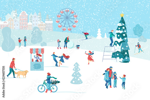 Winter cityscape poster with people walking in park. Christmas holidays.