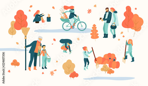 People spend leisure time outdoors in park. Autumn illustration.