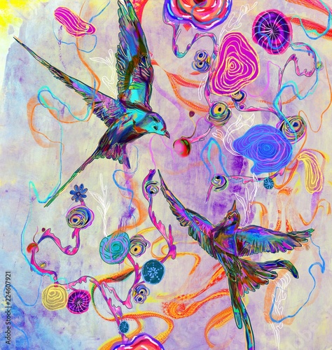 Colorful birds and flowers, illustration photo