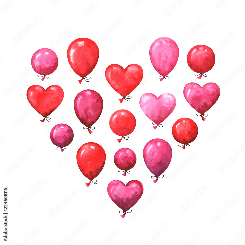 Hand painted Valentine's day greeting card. Watercolor party collection of pink, red and purple balloons. Lovely design elements isolated on white background