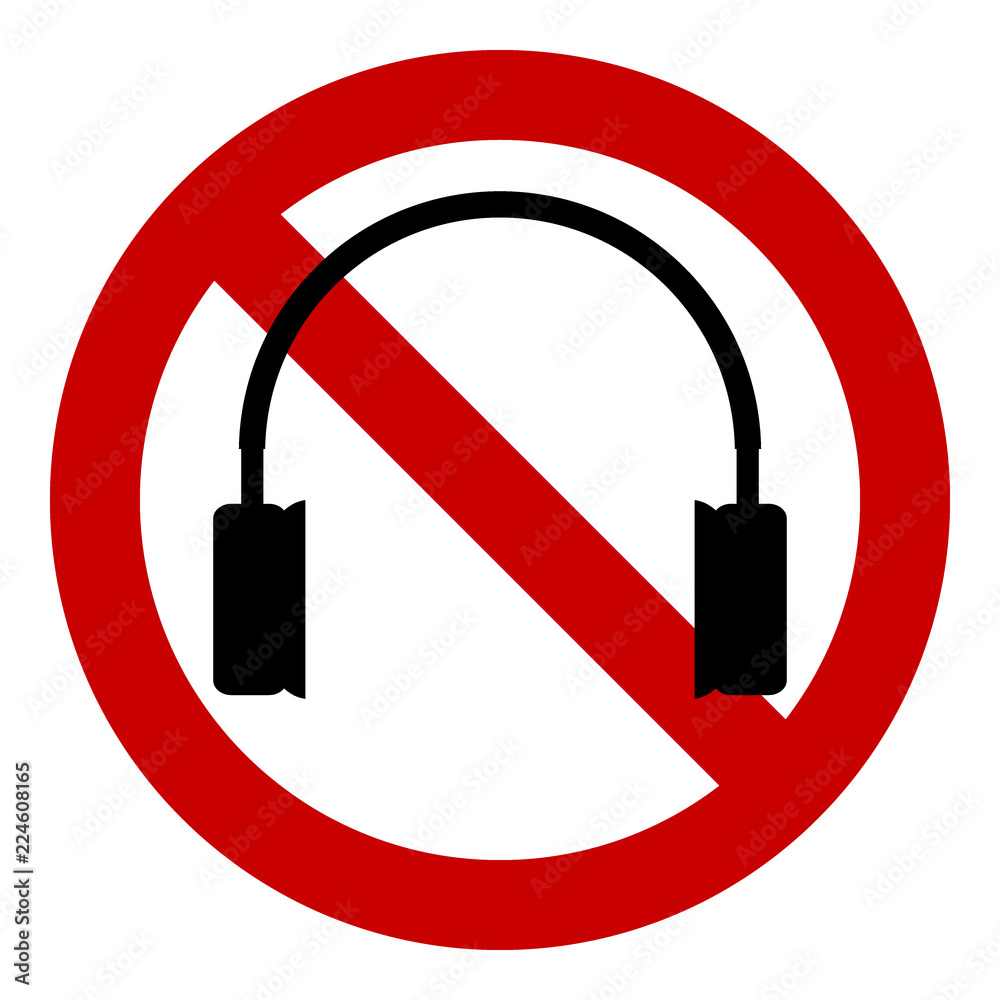 Prohibition sign headphones on white. Prohibition sign headphones on white.